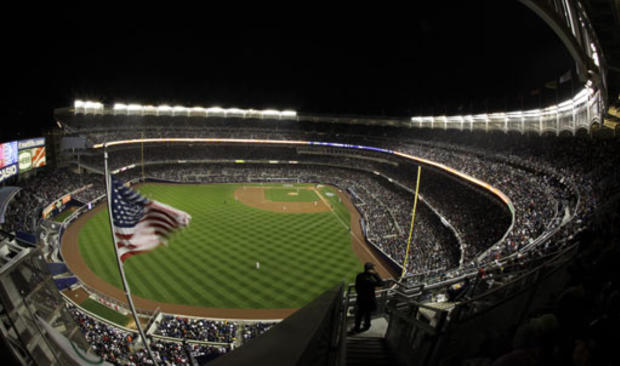 The New York Yankees take to the field in Yankee Stadium for Game 1 