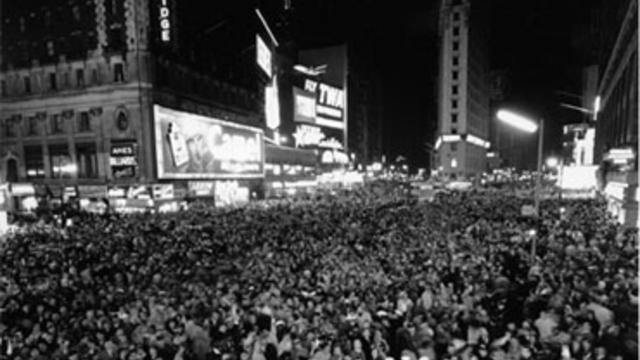 This is a photo looking south from the Marquee of the Hotel Astor during the New Year's Eve celebration in Times Square in New York City on Dec. 31, 1958. 