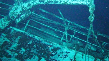 A lifting crane on the deck of the hospital ship Centaur is seen in this underwater photo taken off Moreton Island on the Queensland coast in Australia Monday, Jan. 11, 2010. 