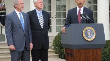 President George W. Bush and President Bill Clinton join President Barack Obama at the White House, January 16, 2010, to announce the launch of the Clinton-Bush Haiti Fund, to aid relief efforts in Haiti following this week's devastating earthquake. 