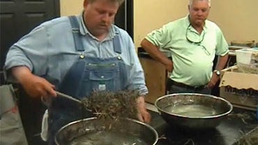 Employees from a Tallahassee, Fla., firm demonstrate how hay and straw can be used to clean up oil spills.  
