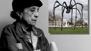 Louis Bourgeois is seen in a 1990 photo, along with an insert image of one of her giant spider sculptures in the Tuileries garden near the Louvre in March 2008. The 98-year-old artist died in New York City on Monday, May 31, 2010. 
