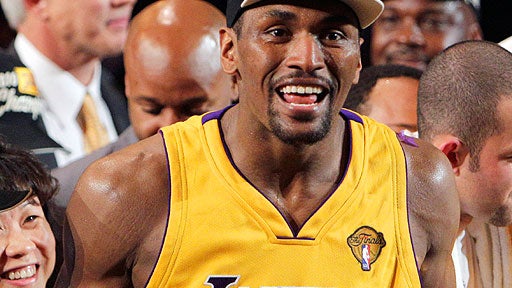 Los Angeles Lakers forward Ron Artest reacts to winning the NBA basketball championship 83-79 against the Boston Celtics Thursday, June 17, 2010, in Los Angeles.  