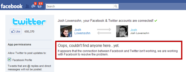 A photo of the Twitter problem on Facebook. 