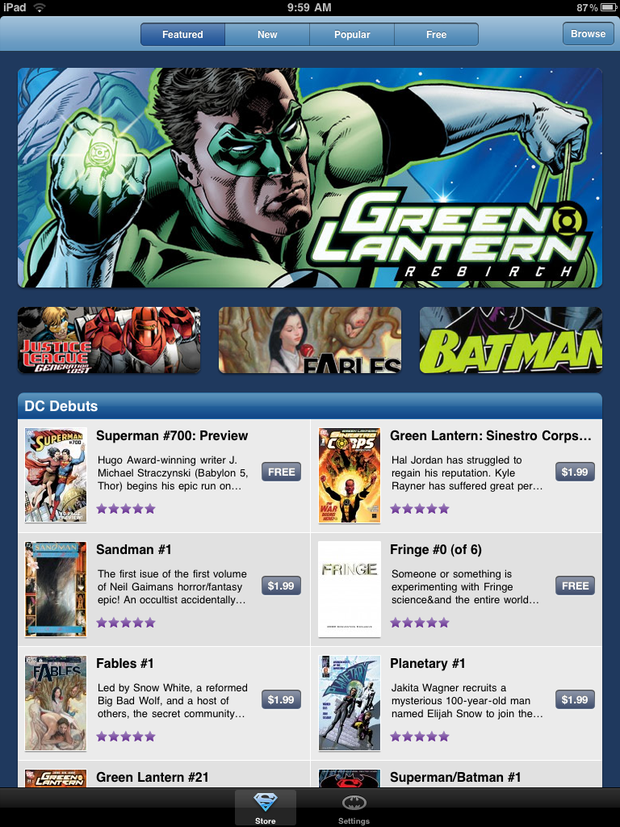 Readers will see a landing page that looks like this when they launch the free DC Comics iPad app. 