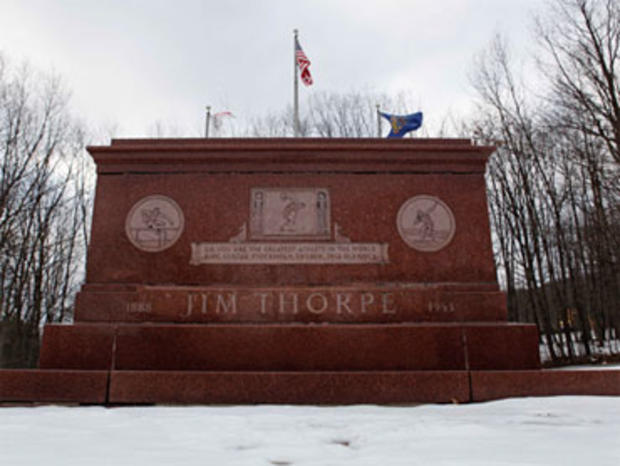 In this photo taken on Tuesday, Jan. 12, 2010, the tomb of Jim Thorpe is shown in Jim Thorpe, Pa. A son of Jim Thorpe is suing the Poconos town that bears his father's name over the remains of the Native American often called the 20th Century's greatest a 
