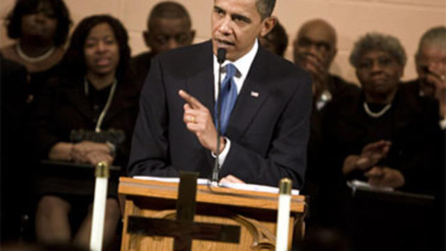 President Barack Obama speaks at Vermont Avenue Baptist Church January 17, 2010 in Washington, DC. President Obama spoke during a service in honor of civil rights leader Dr. Martin Luther King Jr. (Photo by Brendan Smialowski/Getty Images)  