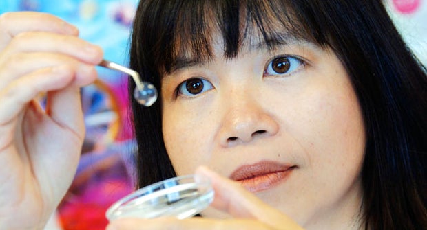 Dr. May Griffith displays a biosynthetic cornea that can be implanted into the eye to repair damage and restore sight in Ottawa, Canada, in 2005. 