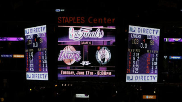 Laker scoreboard at Staples Center, Los Angeles