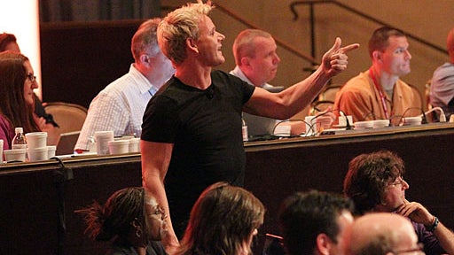 BEVERLY HILLS, CA - AUGUST 02: Judge/Executive Producer Gordon Ramsay speaks in the audience during the 'Master Chef' panel for the FOX portion of the summer Television Critics Association press tour at the Beverly Hilton Hotel on August 2, 2010 in Beverl 