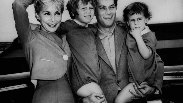 Tony Curtis and Janet Leigh pose with their children, Kelly 5, and Jamie, 2 1/2 in this Sept. 19,1961 file photo prior to their departure on the SS Argentina for the Argentine where Curtis was to do location filming for the movie "Taras Bulba."  