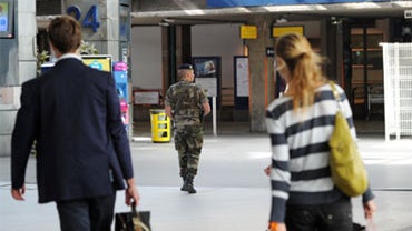 A soldier patrols on September 20, 2010 at Montparnasse railway station in Paris. Terrorism threat in France has "risen" since September 16 2010 said a source close to French interior Minister Brice Hortefeux. 