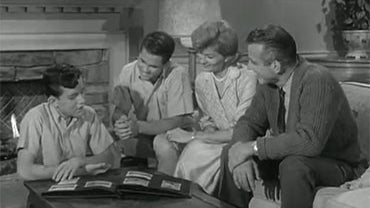 Jerry Mathers, Tony Dow, Barbara Billingsley and Hugh Beaumont in the final episode of "Leave It to Beaver." The series ran from 1957-63.  