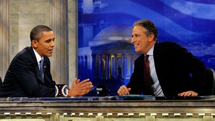 (carousel) carousel/ President Barack Obama tapes an interview for the satirical television show 'Daily Show' with Jon Stewart at the Harman Center for the Arts in Washington, DC, October 26, 2010. 