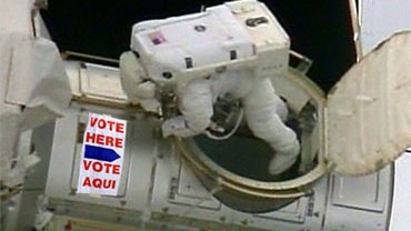 Astronauts cast their ballots on board the International Space Station. No, not quite like this.  