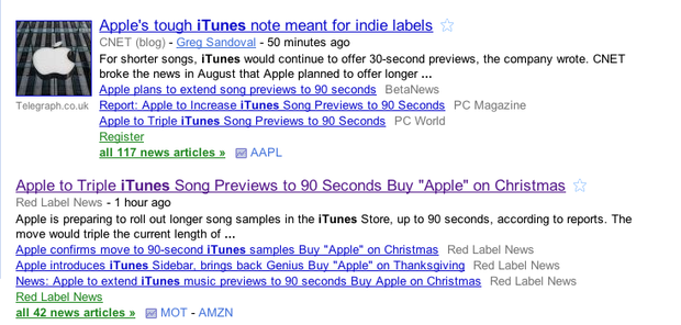Note the second cluster of stories produced by a Google News search for "iTunes" yesterday afternoon. All of those Red Label News stories were basically the same: spammy SEO-keywords alongside Web ads. 