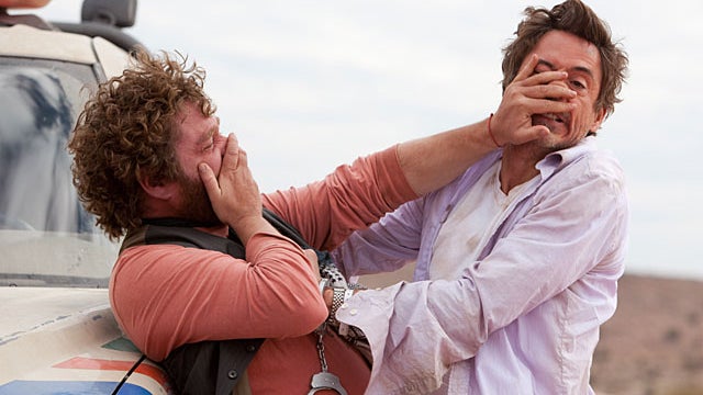 In this film publicity image released by Warner Bros., Zach Galifianakis, left, and Robert Downey Jr. are shown in a scene from "Due Date." (AP Photo/Warner Bros., Melinda Sue Gordon) 