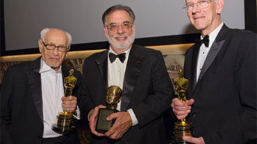 Honorary Award recipient Eli Wallach, Irving G. Thalberg Memorial Award recipient Francis Ford Coppola (center) and Honorary Award recipient Kevin Brownlow at the 2010 Governors Awards in the Grand Ballroom at Hollywood & Highland in Hollywood, Calif., Sa 