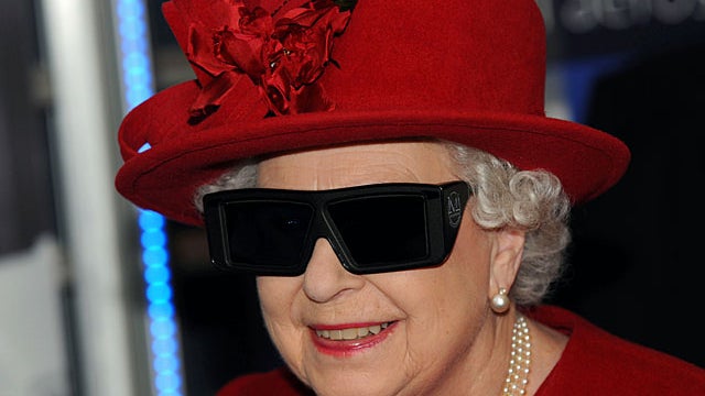 Britain's Queen Elizabeth II wears 3 D glasses to watch a display and control a mechanical digger during a visit to the University of Sheffield Advanced Manufacturing Research Centre. in Sheffield England Thursday Nov. 18, 2010. (AP Photo/John Giles/PA) U 