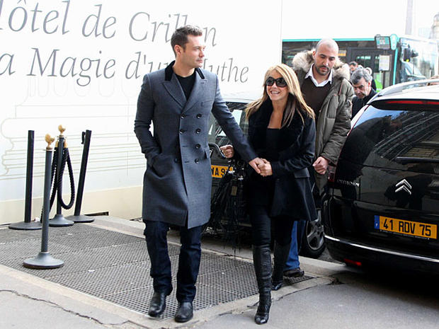 "American Idol" host Ryan Seacrest and his girlfriend, singer and dancer Julianne Hough go back to their Hotel,the Crillon in Paris, after shopping at the Louboutin boutique on Nov. 26, 2010. 
