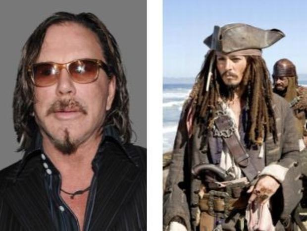 Actor Mickey Rourke and actor Johnny Depp as Captain Jack Sparrow in Pirates of the Carribbean. 