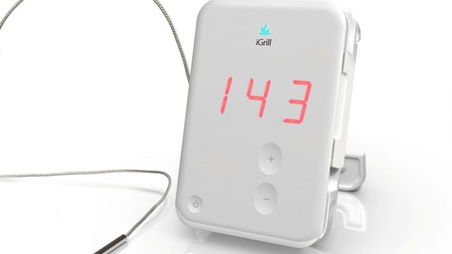 The iGrill includes a probe and a display (to be left outside the grill). The display communicates with the iPhone, iPod Touch or iPad via an app. 