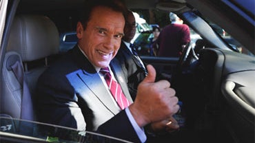 California Gov. Arnold Schwarzenegger reacts after voting at Kenter Canyon Elementary School on November 2, 2010 in Los Angeles, California.  