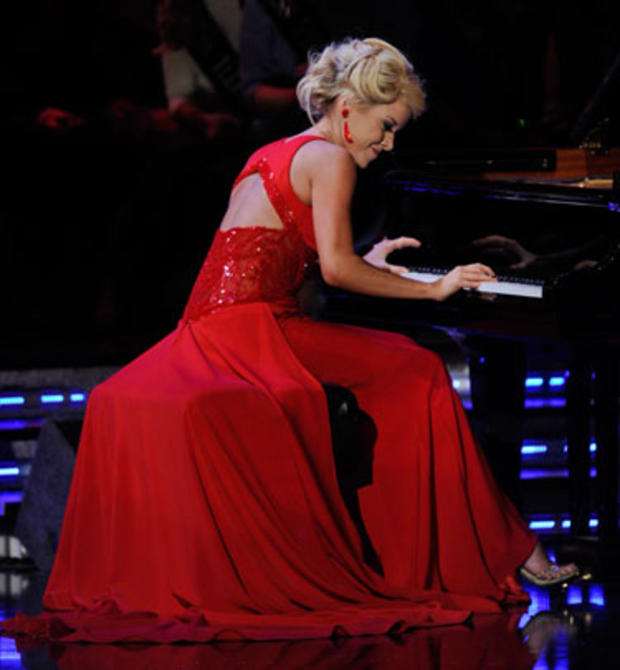 Teresa Scanlan, Miss Nebraska, p lays piano in the talent competition during the 2011 Miss America Pageant. 