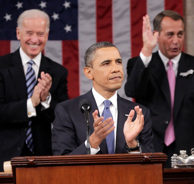 President Barack President Barack Obama is applauded by Vice President Joe Biden and House Speaker John Boehner of Ohio