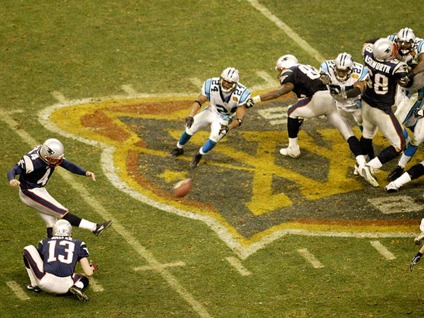 Place kicker Adam Vinatieri (4) of the New England Patriots kicks the game winning 41 yard field goal 