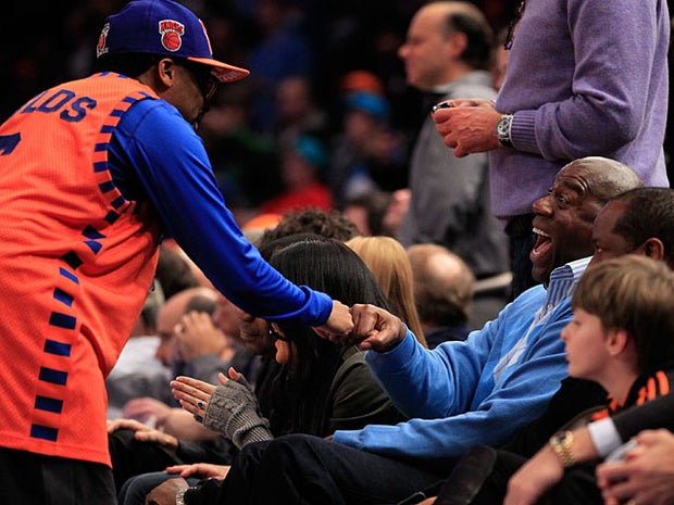Spike Lee and Magic Johnson on Jan. 27, 2011, at Madison Square Garden in New York. 