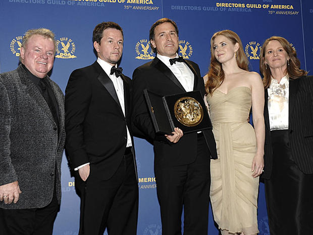 Director and feature film award nominee David O. Russell, center, with actor Jack McGee, left, actor Mark Wahlberg, second from right, actress Amy Adams, second from right, and actress Melissa Leo pose in the press room at the 63rd Annual Directors Guild  