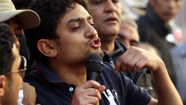 Google marketing executive Wael Ghonim greets thousands of anti-government protesters in Tahrir Square on February 8, 2011 in Cairo, Egypt. Ghonim was released by police yesterday after nearly two weeks in custody. He has acknowledged that he was the anon 