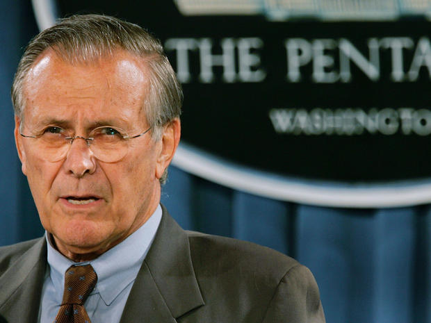 Donald Rumsfeld speaks during a news briefing 