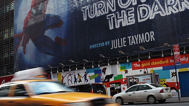 A sign for the Broadway play &amp;amp;amp;amp;amp;quot;Spider-Man: Turn off the Dark&amp;amp;amp;amp;amp;quot; is seen along 42nd Street on Feb. 8, 2011, in New York.  