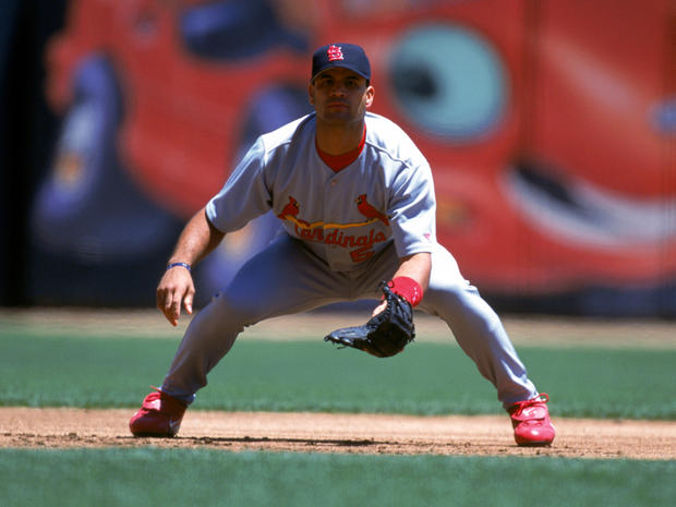 Albert Pujols gets ready in the field 