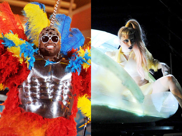 Cee Lo Green and Lady Gaga square off for craziest costume at 2011 Grammy Awards. 