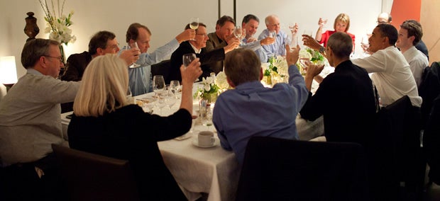President Obama chats with Facebook CEO Mark Zuckerberg.