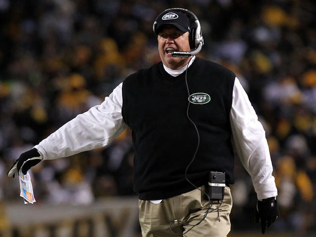 Head coach Rex Ryan of the New York Jets reacts during their 2011 AFC Championship game against the Pittsburgh Steelers at Heinz Field on January 23, 2011 in Pittsburgh. 