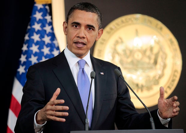 President Barack Obama answers question on the ongoing situation in Libya during his joint news conference with President of El Salvador Mauricio Funes at the National Palace in San Salvador, El Salvador, Tuesday, March 22, 2011. 