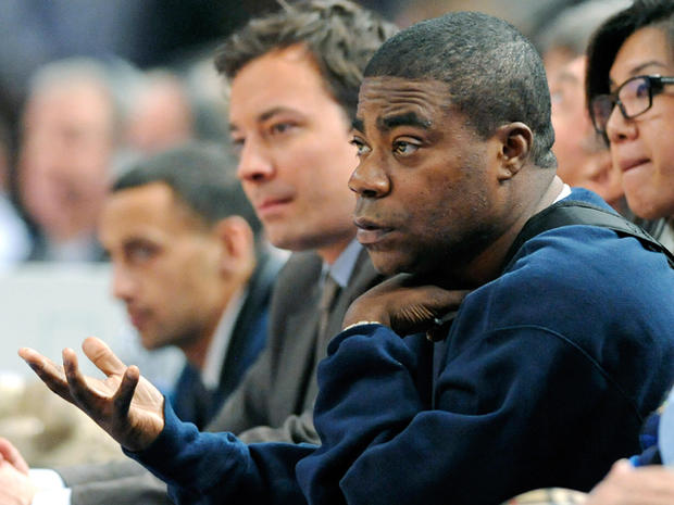 Tracey Morgan and Jimmy Fallon watch the New York Knicks and Orlando Magic play in NYC. 