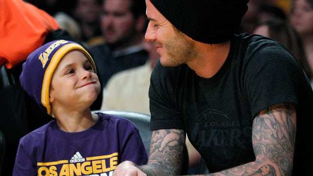 Davis Beckham and son Romeo at L.A. Lakers game 