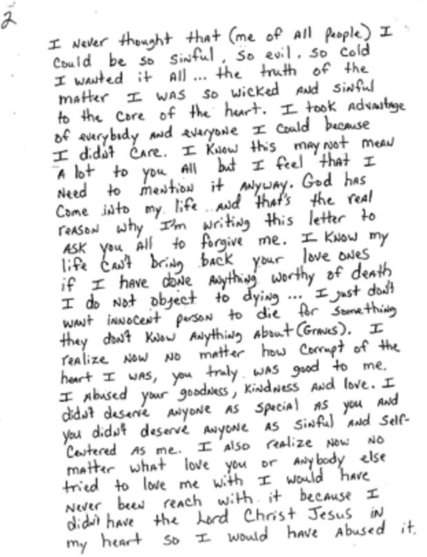 In one of his many letters from Death Row, Robert Carter apologizes to the victims' family and states that Anthony Graves is innocent.  