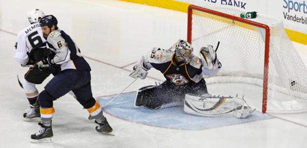 Corey Perry gets past Pekka Rinne for a goal 