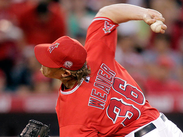 Jered Weaver throws against the Oakland Athletics 