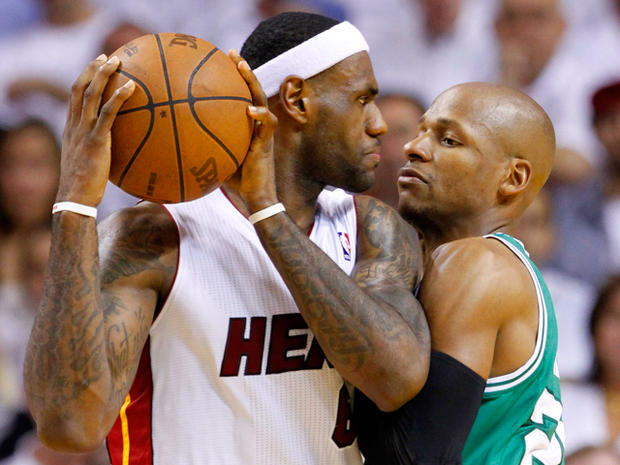 LeBron James prepares to drive against Ray Allen  