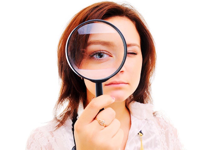woman, magnifying glass, inspecting, eye, female, test, stock, 4x3