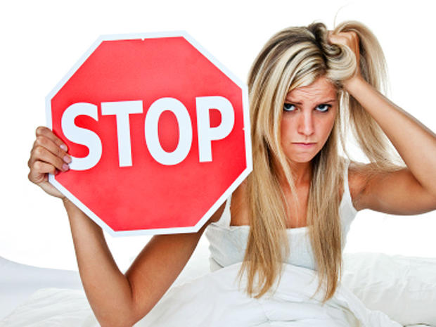 itchy, woman, blonde, in bed, stop sign, stock, 4x3 
