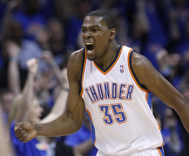 Kevin Durant reacts after scoring  