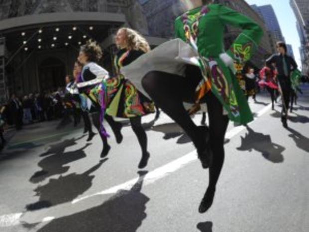 Irish dancers perform outside St Patrick 